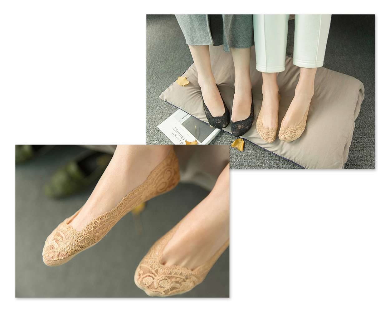 4 Pairs Women's Lace Non-Skid No Show Socks Set - Black and Beige