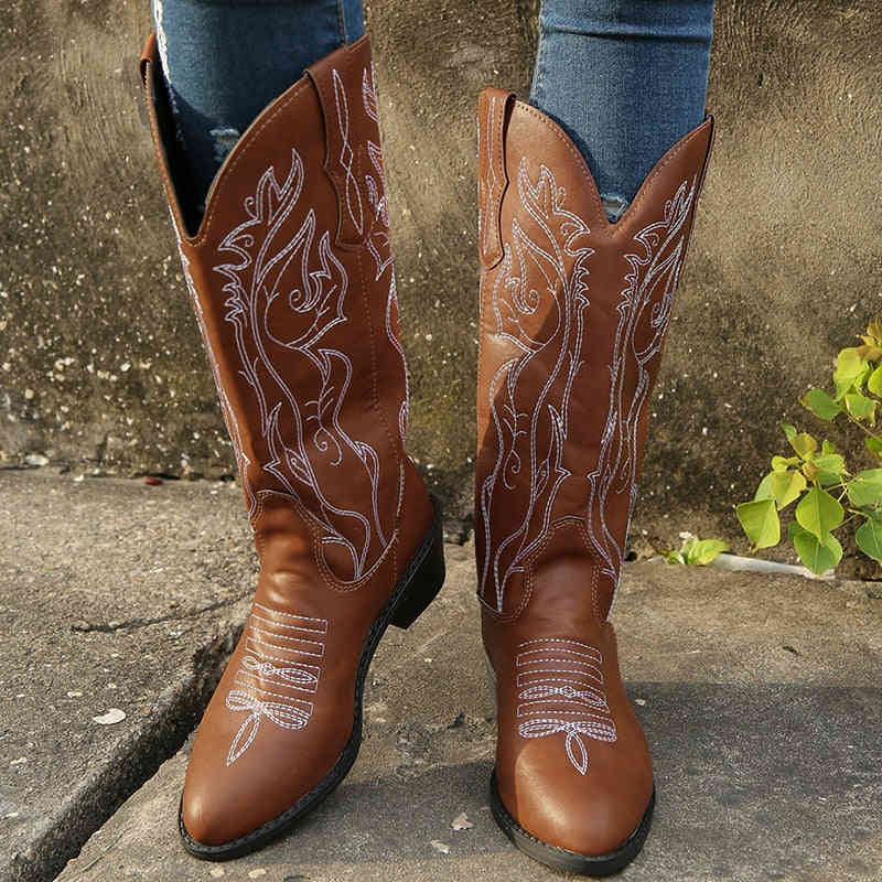 Chunky Heels Western Cowgirl Boots for Women - Retro Embroidered Mid Calf Boots (Plus Size 43, PU Leather)
