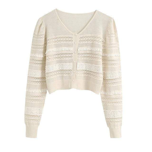 Fashion Lace Print Sweater - Acrylic V-Neck Full Sleeve