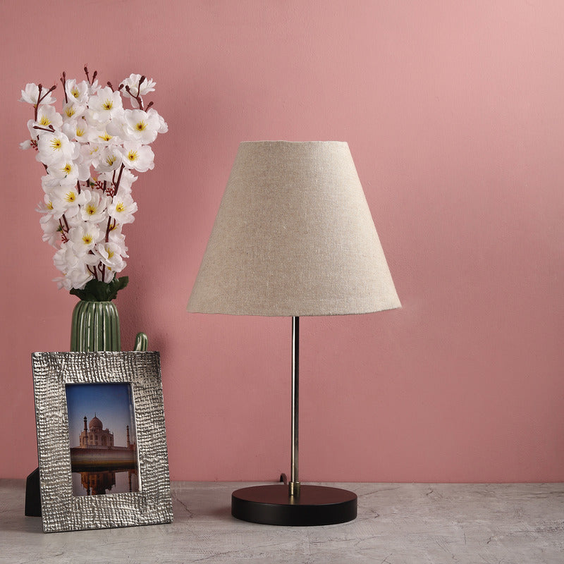 BTR CRAFTS Silver Rod With Black Wooden Base Table Lamp (Conical Lampshade)