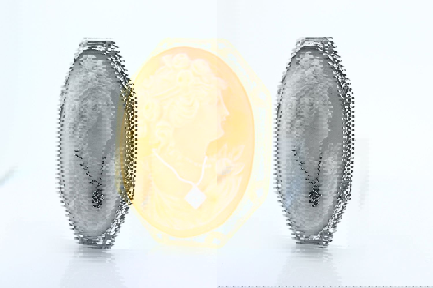 14k White Gold Vintage Filigree Carved Shell Cameo Brooch Pin or Pendant with Diamond