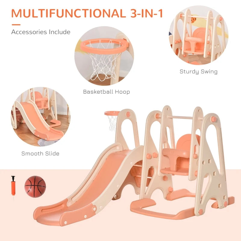 Qaba 3 in 1 Kids Swing and Slide Set with Basketball Hoop - Indoor/Outdoor Playground Activity Center (Pink)