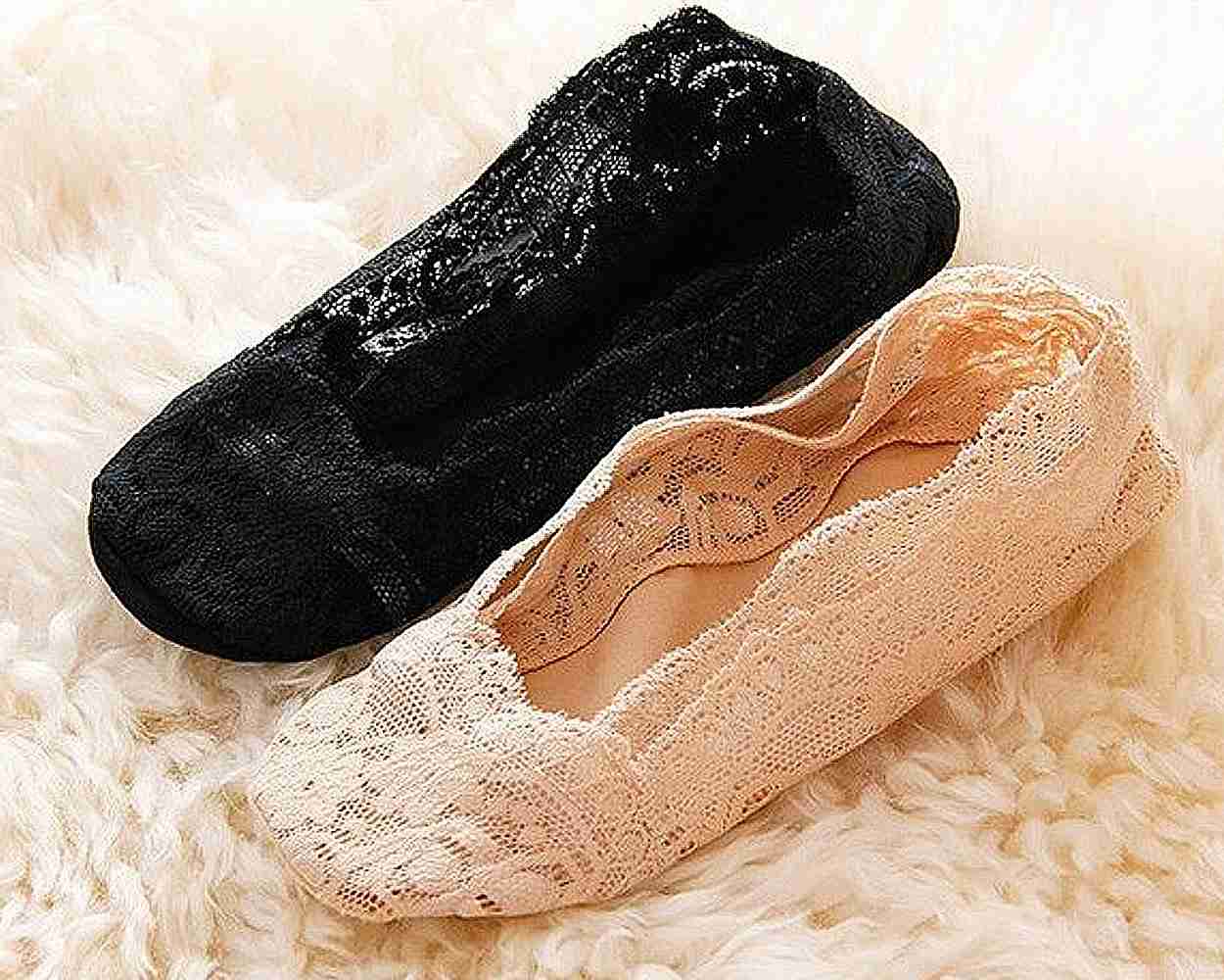 4 Pairs Women's Lace Non-Skid No Show Socks Set - Black and Beige
