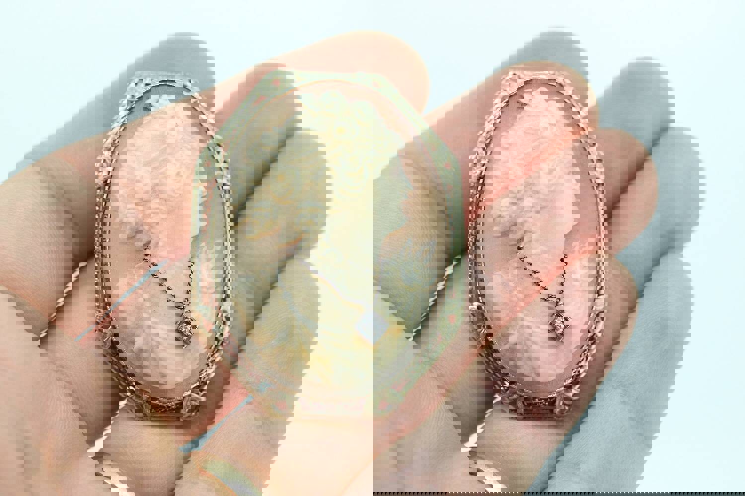 14k White Gold Vintage Filigree Carved Shell Cameo Brooch Pin or Pendant with Diamond