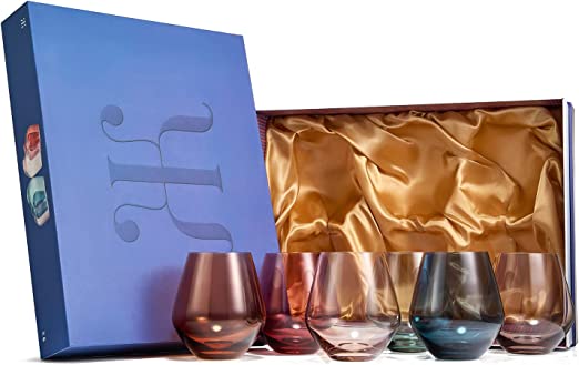 Colored Stemless Crystal Wine Glass Set of 6 - Italian Style, 16 oz, Pastel