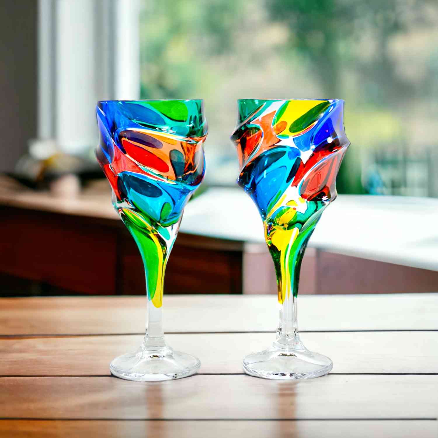 Caly Wine Glasses, Set of 2, Hand Painted Italian Crystal - Elegant & Luxurious