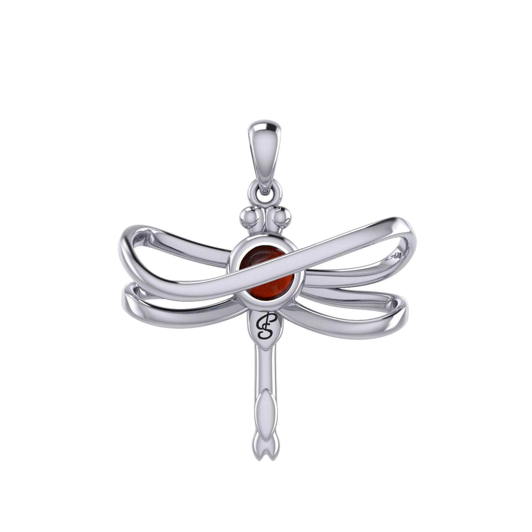 Ethereal Dragonfly Sterling Silver Pendant with Spiritual Gemstone by Peter Stone Jewelry