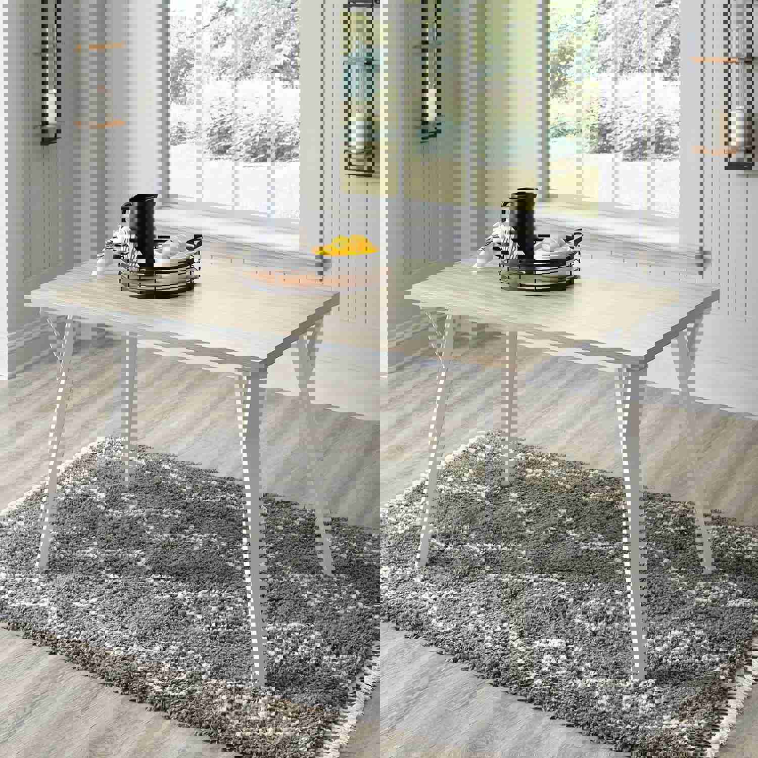 Grannen Rectangular Dining Room Table with White Saber Legs and Light Tan Melamine Top