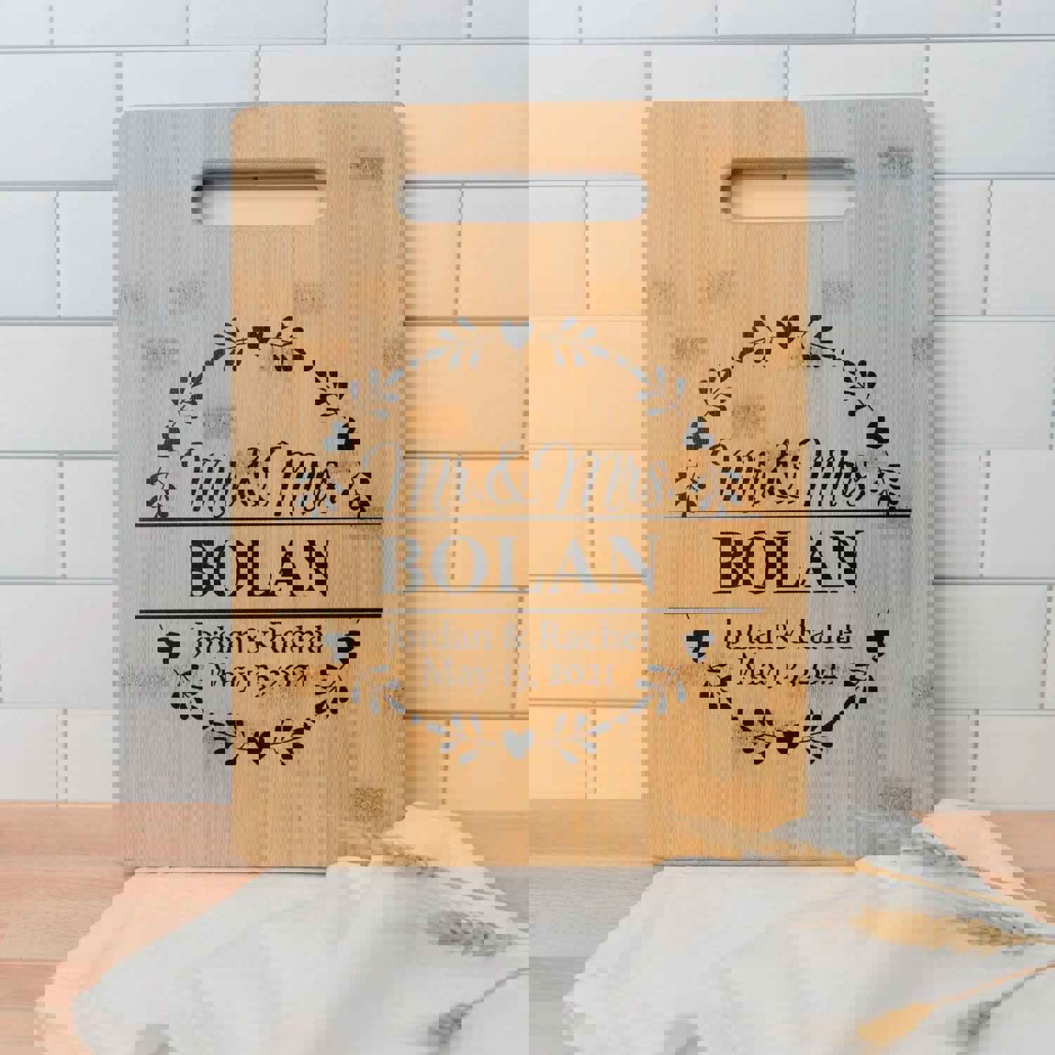 Personalized Wedding Gift Bamboo Cutting Board with Custom Names and Date