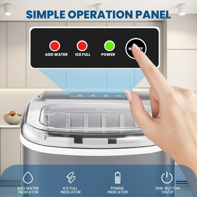 KISSAIR Portable Ice Maker Countertop, 9Pcs/8Mins, 26lbs/24H, Self-Cleaning Ice Machine with Handle for Kitchen/Office/Bar/Party, Grey