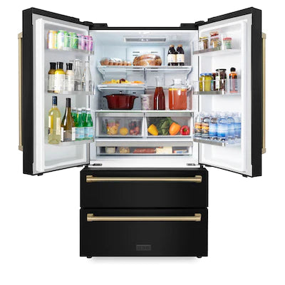 ZLINE 36 Autograph Edition 22.5 cu. ft Freestanding French Door Refrigerator with Ice Maker in Fingerprint Resistant Black Stainless Steel