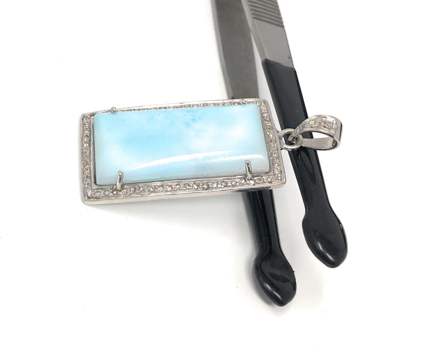 Natural Larimar Gemstone Pendant with Pave Diamonds in Sterling Silver