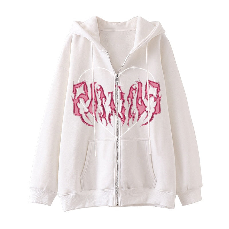 Women's Zip Up Hoodie - Goth Punk Pocket Print Long Sleeve Jacket