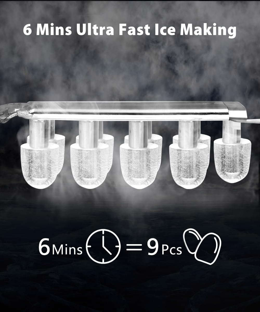 Portable Ice Maker Machine - 6 Mins Fast Ice Making, 26.5Lbs/24Hrs, Self-Cleaning