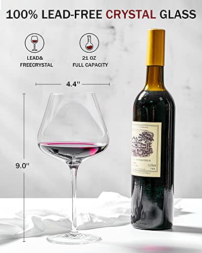 JBHO Set of 4-21 Ounce Hand Blown Italian Style Crystal Burgundy Wine Glasses - Lead-Free Premium Crystal Clear Glass - Gift-Box for any Occasion