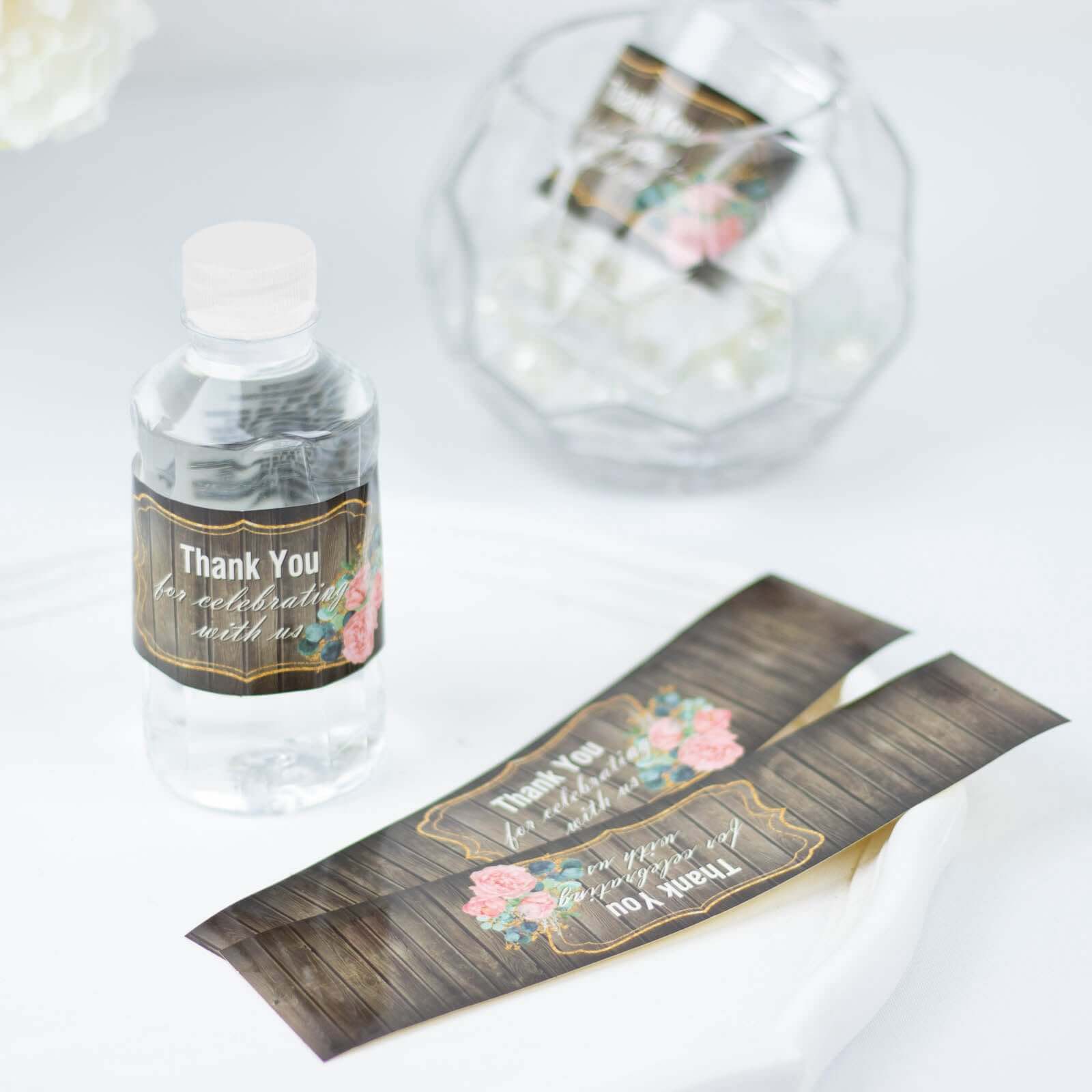 24 Pack Gold Floral Frame Rustic Wood Print Water Bottle Labels
