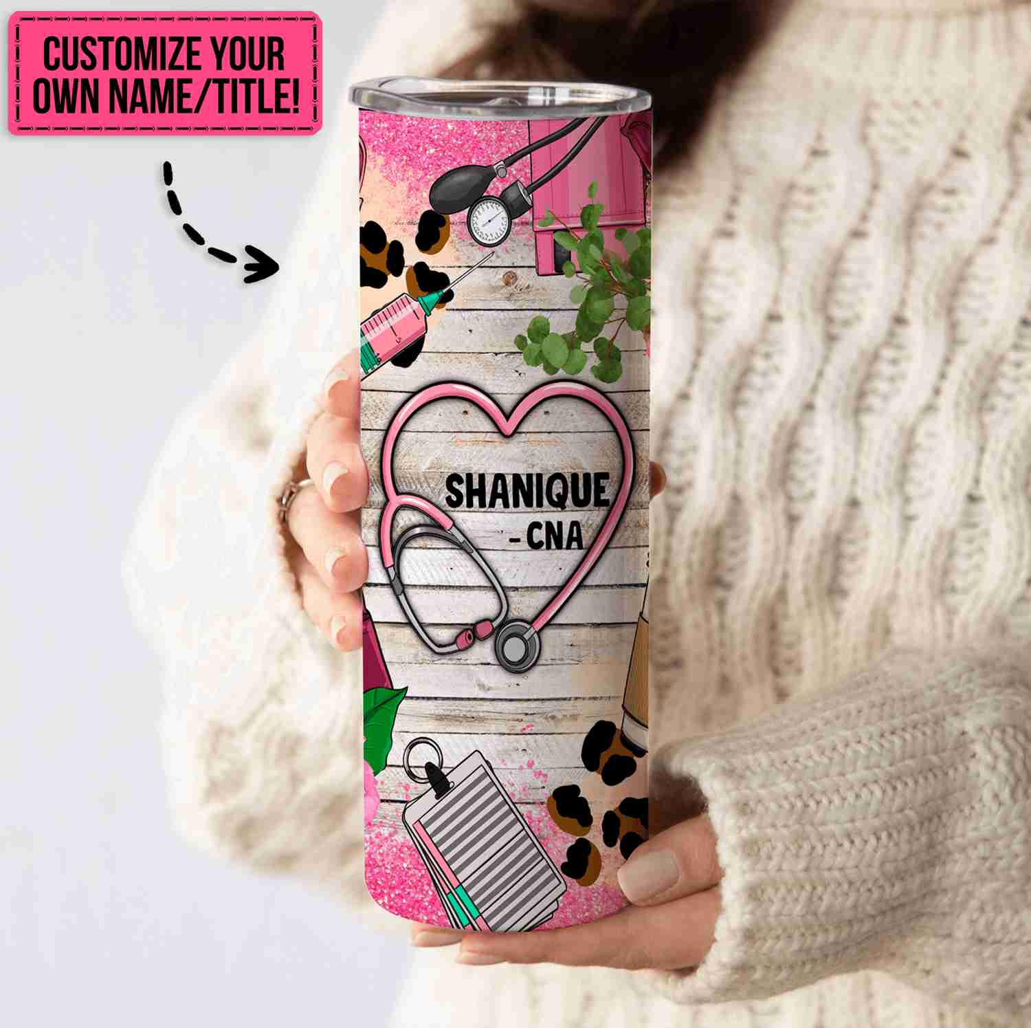 Pink Leopard Prints Lace Floral Nurse - Personalized Custom 20oz Skinny Tumbler Cup