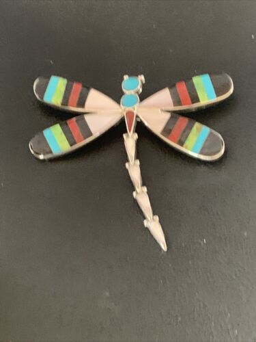 Handmade Zuni Coral Turquoise Inlay Dragonfly Sterling Silver Necklace Pendant
