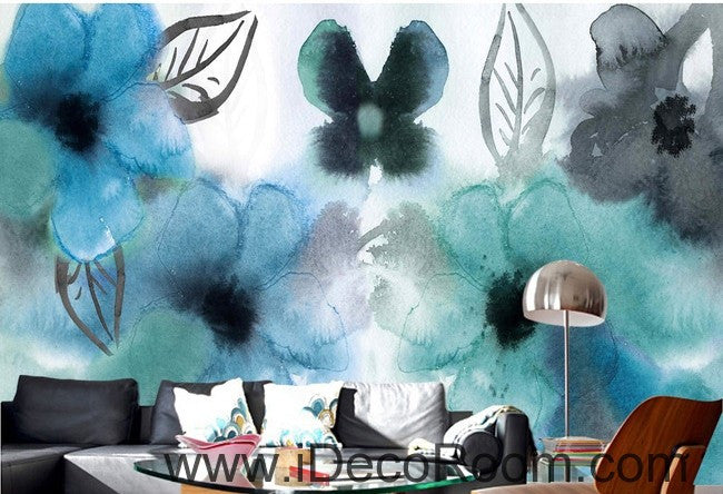 Abstract Watercolor Blue Flowers Wallpaper Wall Decals - Home Decor Gift