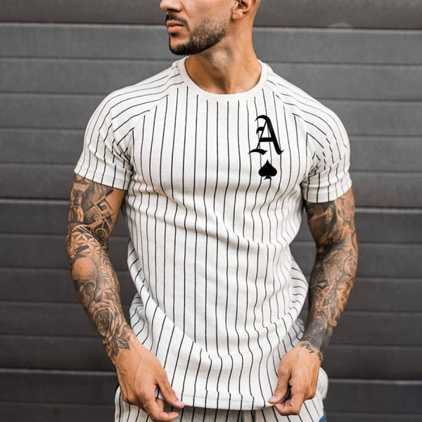 Men's Striped T-Shirt Summer Casual Round Neck Short Sleeve Poker Print Top