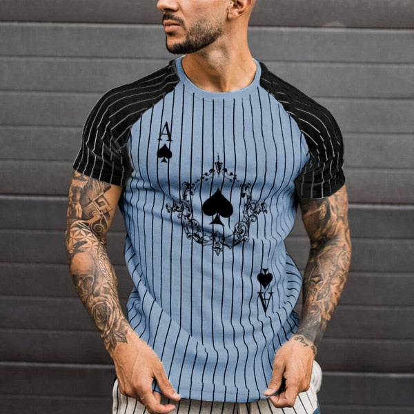 Men's Striped T-Shirt Summer Casual Round Neck Short Sleeve Poker Print Top