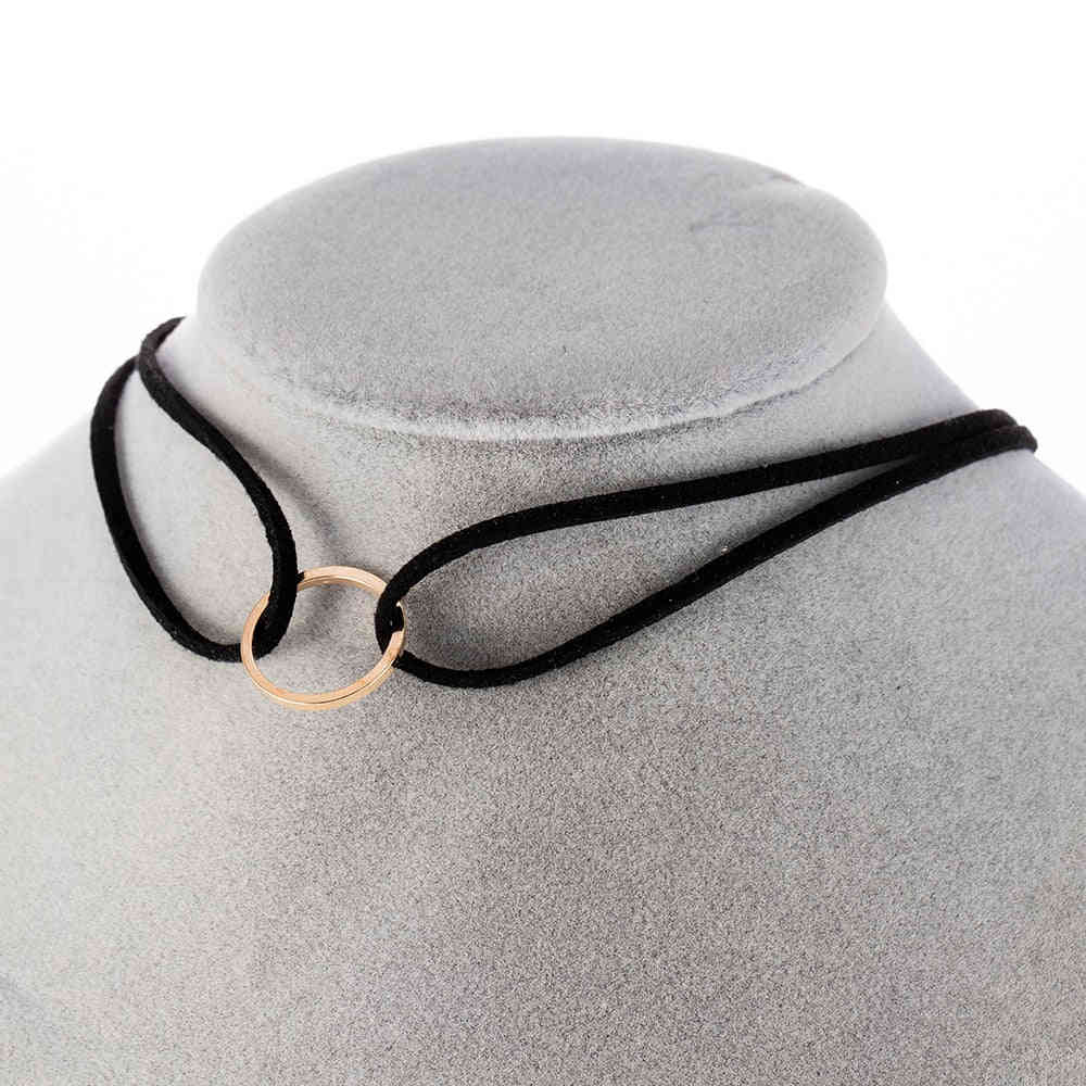 Punk Black White Brown Leather Choker Necklace with Gold Geometry Pendant for Women and Girls