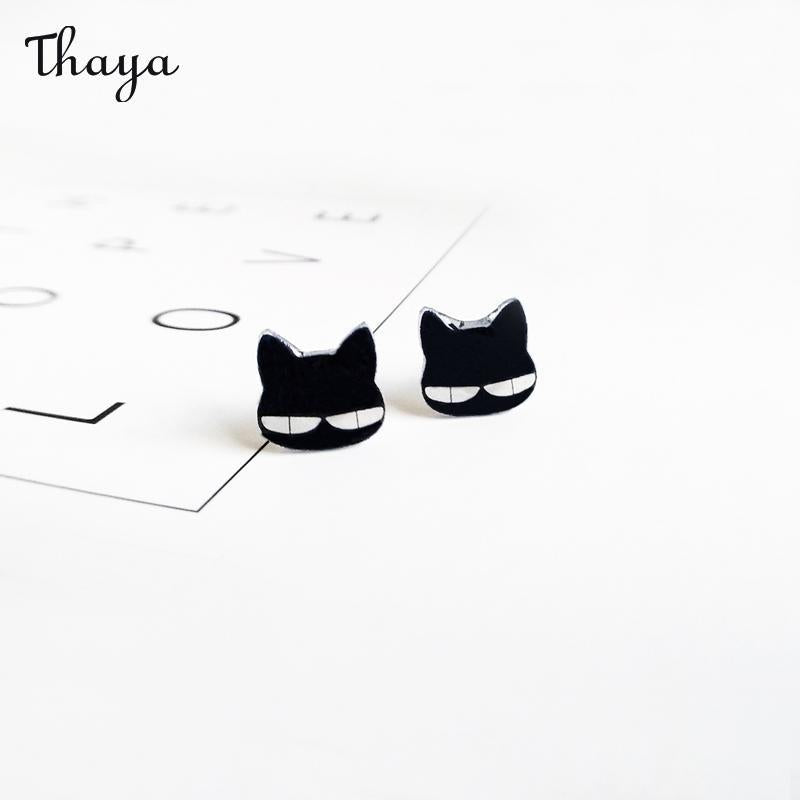Thaya Meow Black Sterling Silver Stud Earrings - Cat-Inspired Playful Charm