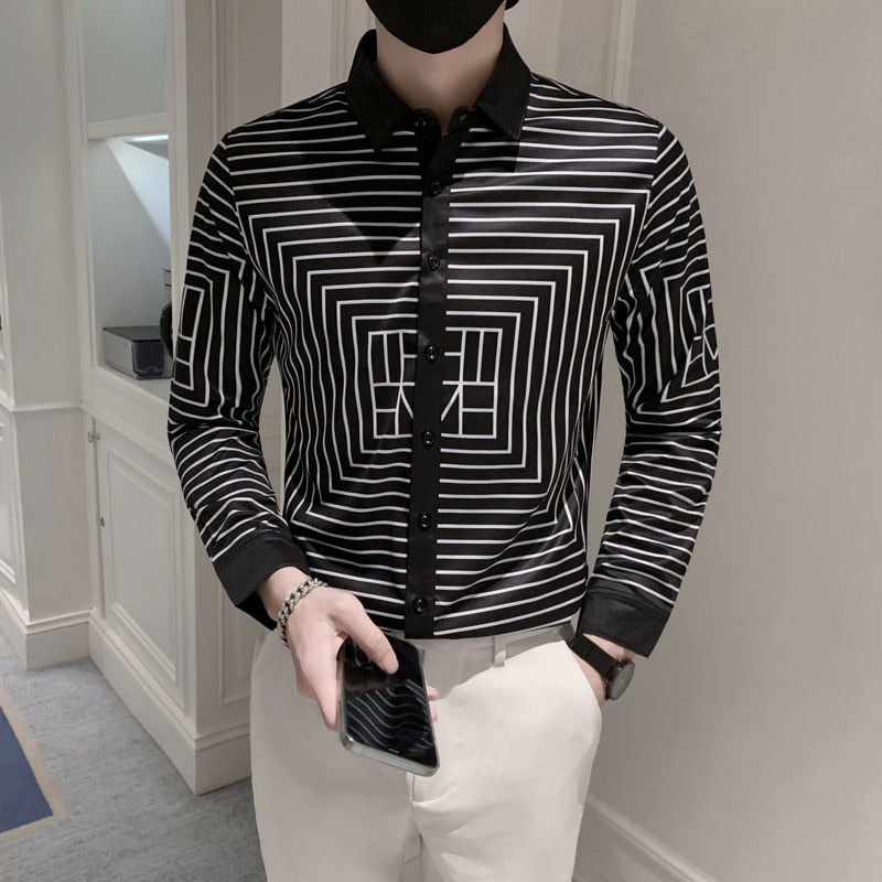 Black White Rectangle Lines Printed Long Sleeve Shirt