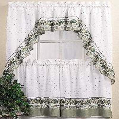24 Inch Green Color Tier & Swag Window Curtain Set with Bohemian Floral Print