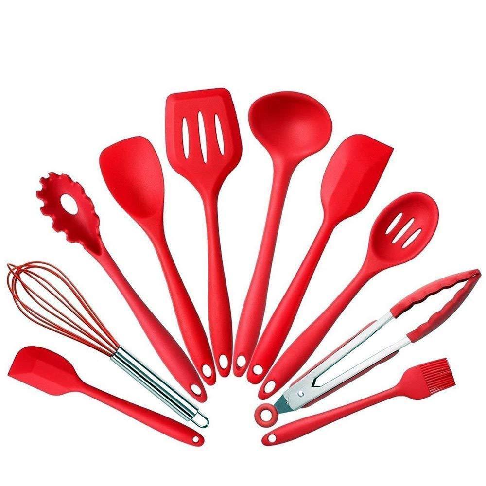 10Pcs/set Silicone Heat Resistant Kitchen Cooking Utensils Non-Stick Baking Tool Set (Red)