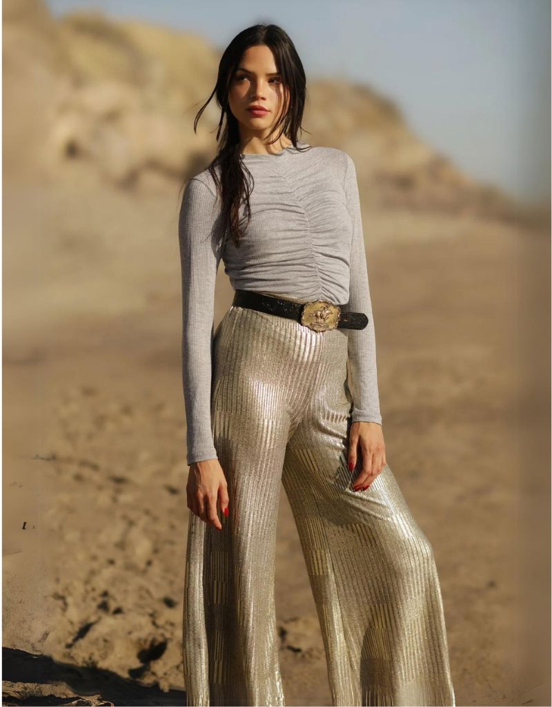 Nightcap Clothing High Waist Lamè Wide Leg Pant in Taupe & Gold
