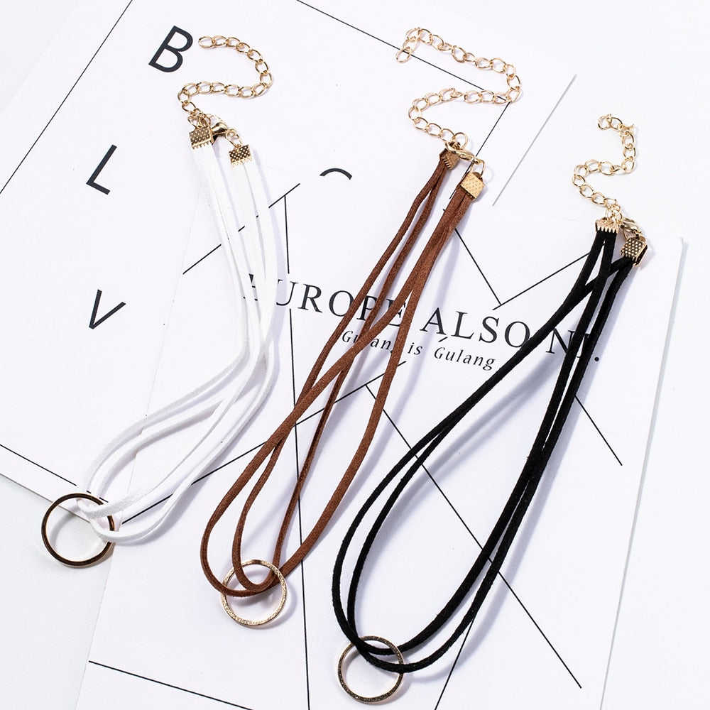 Punk Black White Brown Leather Choker Necklace with Gold Geometry Pendant for Women and Girls