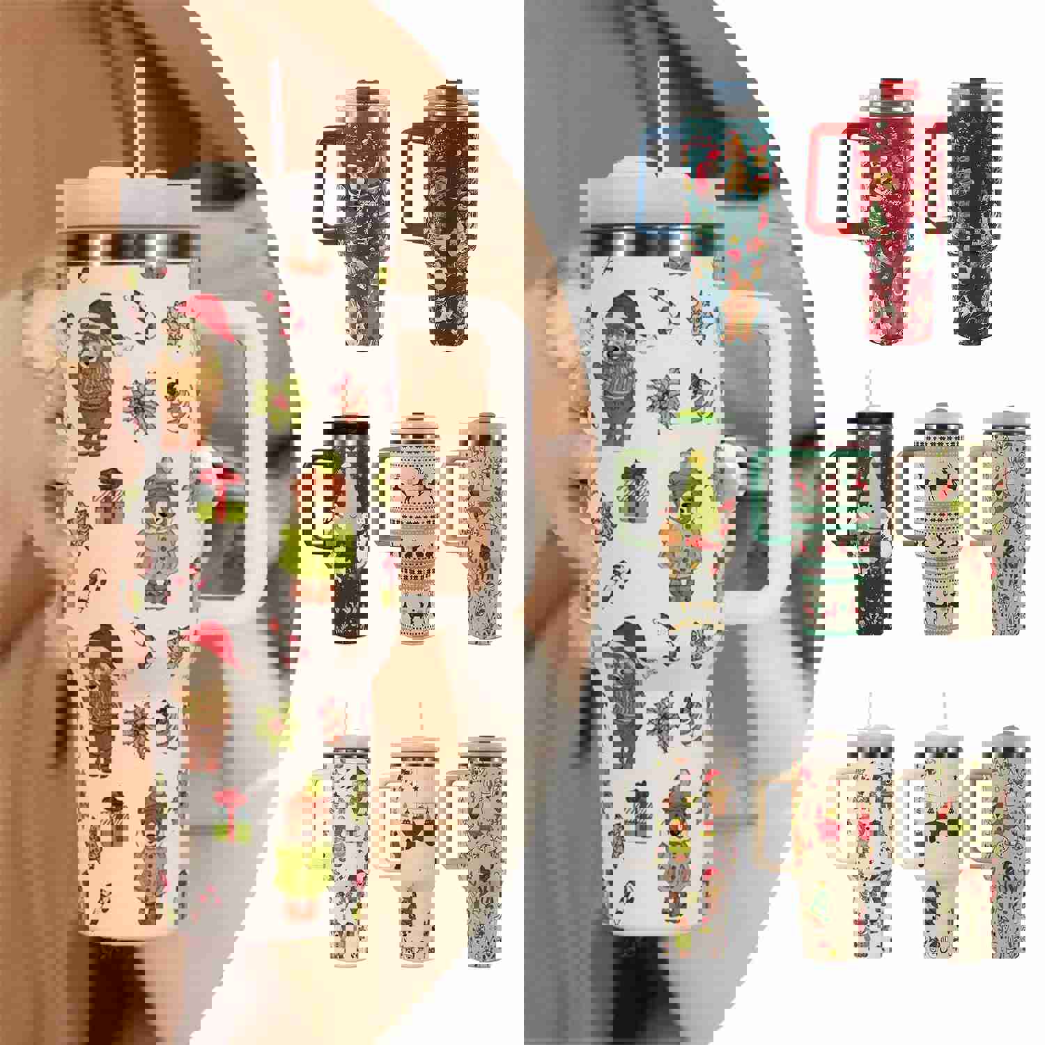 New Christmas Pattern Stainless Steel Vacuum Tumbler with Handle and Straw