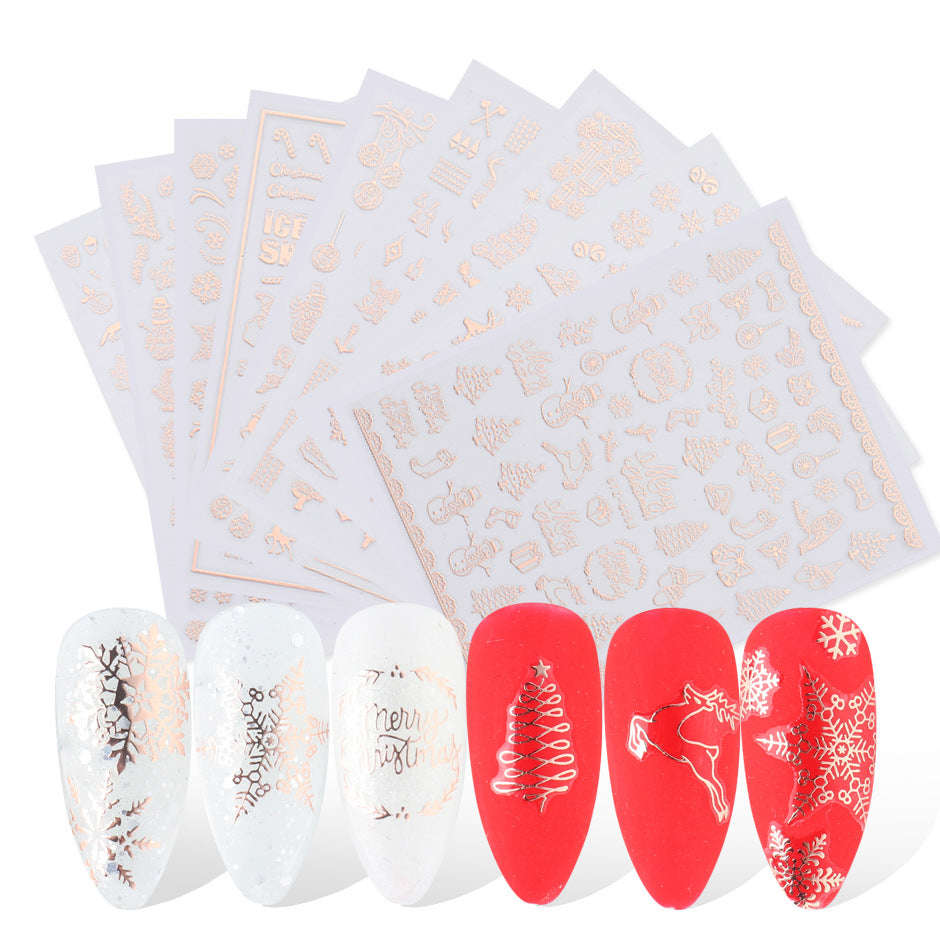 9 Sheets Christmas Nail Art Stickers - 3D Rose Gold Snowflake Elk Pattern DIY Decals for Women Girls Kids