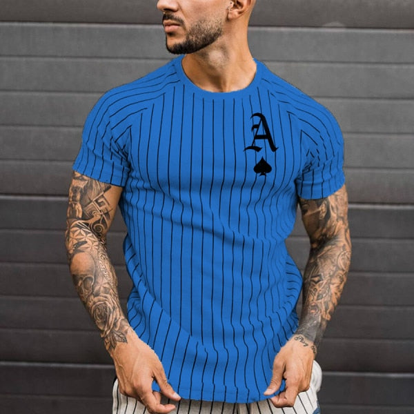 Men's Striped T-Shirt Summer Casual Round Neck Short Sleeve Poker Print Top