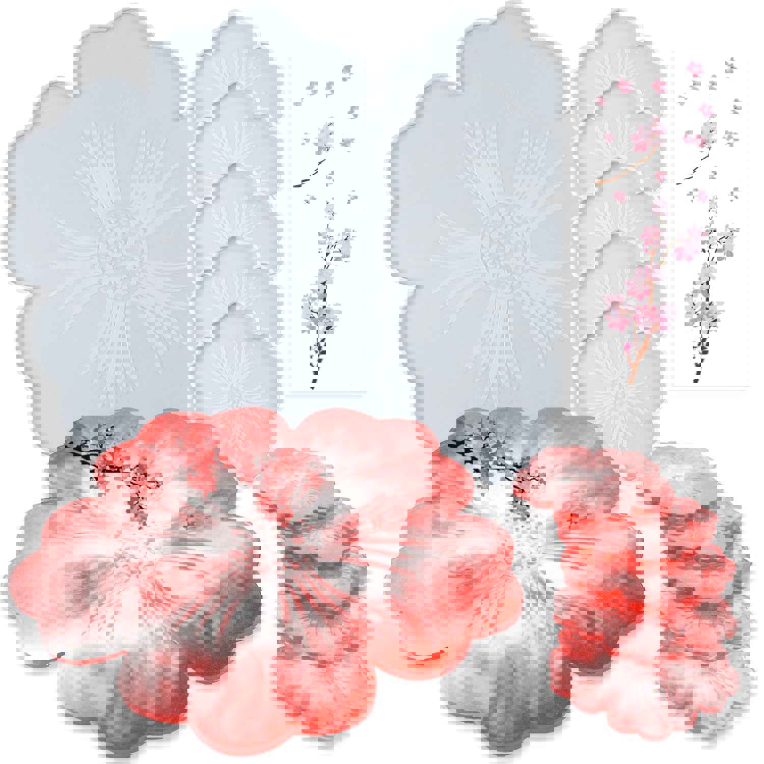 Flower Coaster Epoxy Resin Silicone Molds Set - 7-in-1 Large Tray with Sakura Sticker