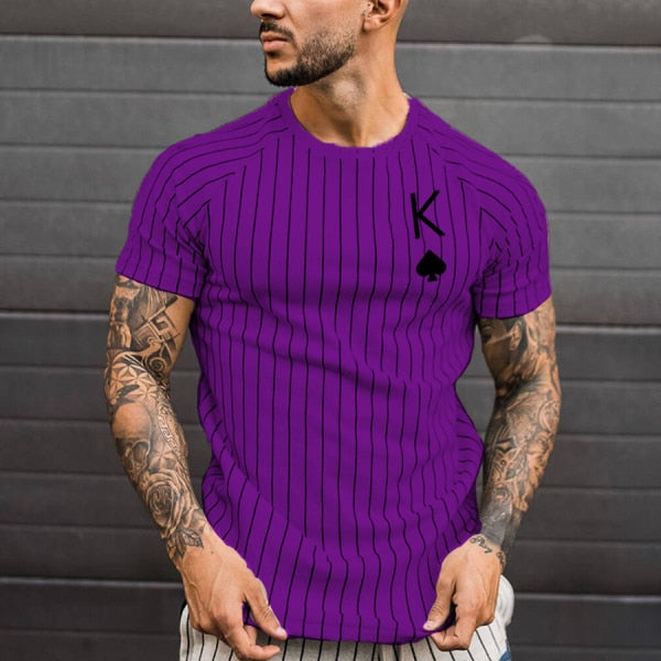 Men's Striped T-Shirt Summer Casual Round Neck Short Sleeve Poker Print Top