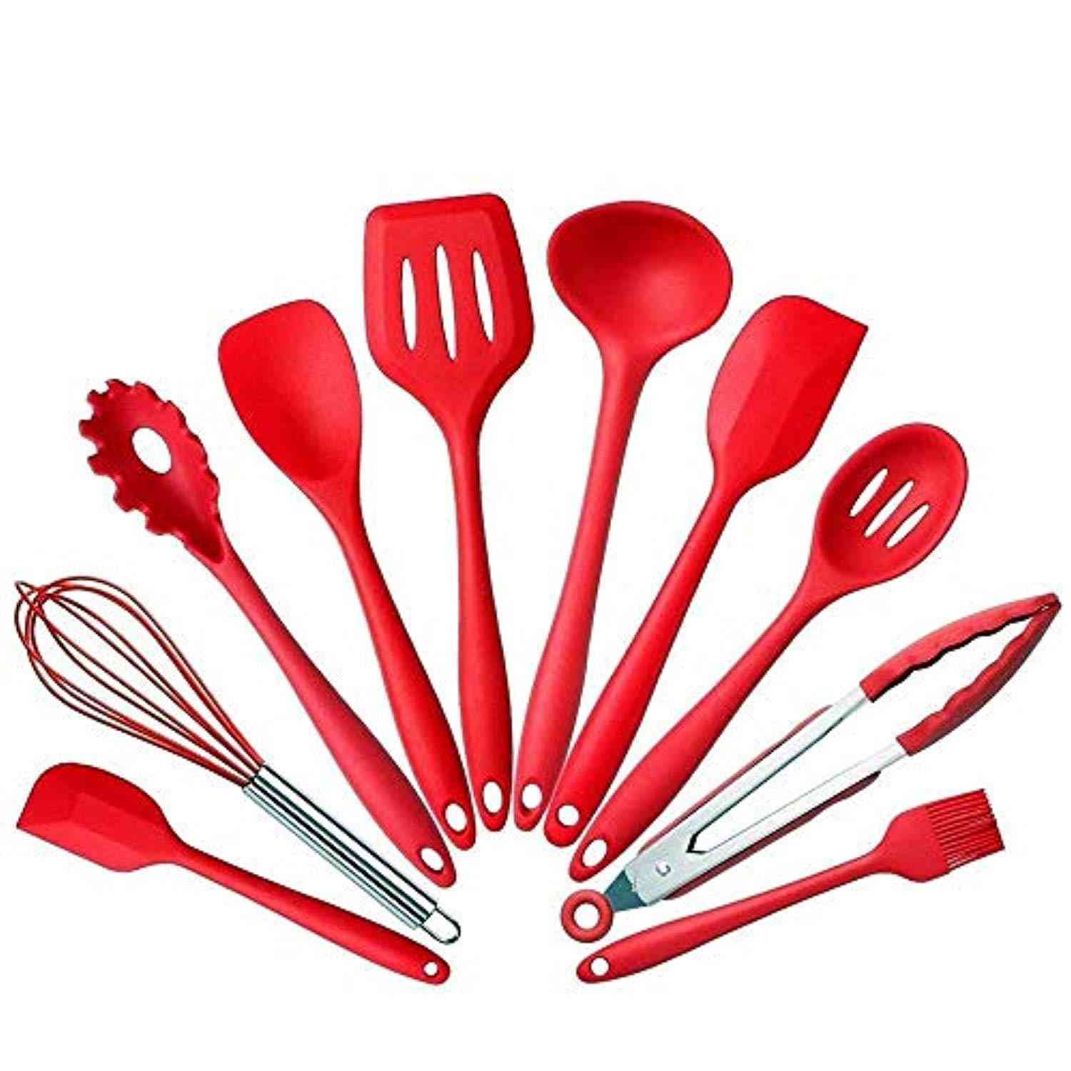 10Pcs/set Silicone Heat Resistant Kitchen Cooking Utensils Non-Stick Baking Tool Set (Red)