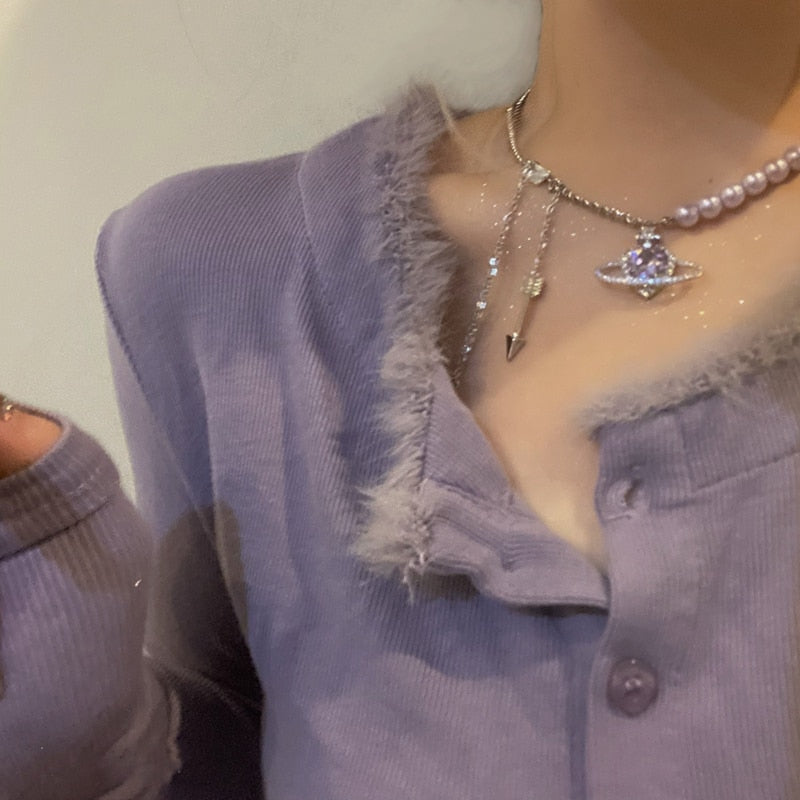 MENGJIQIAO Elegant Pearl Purple Beads Choker Necklace for Women - Trendy Heart Crystal Party Jewelry