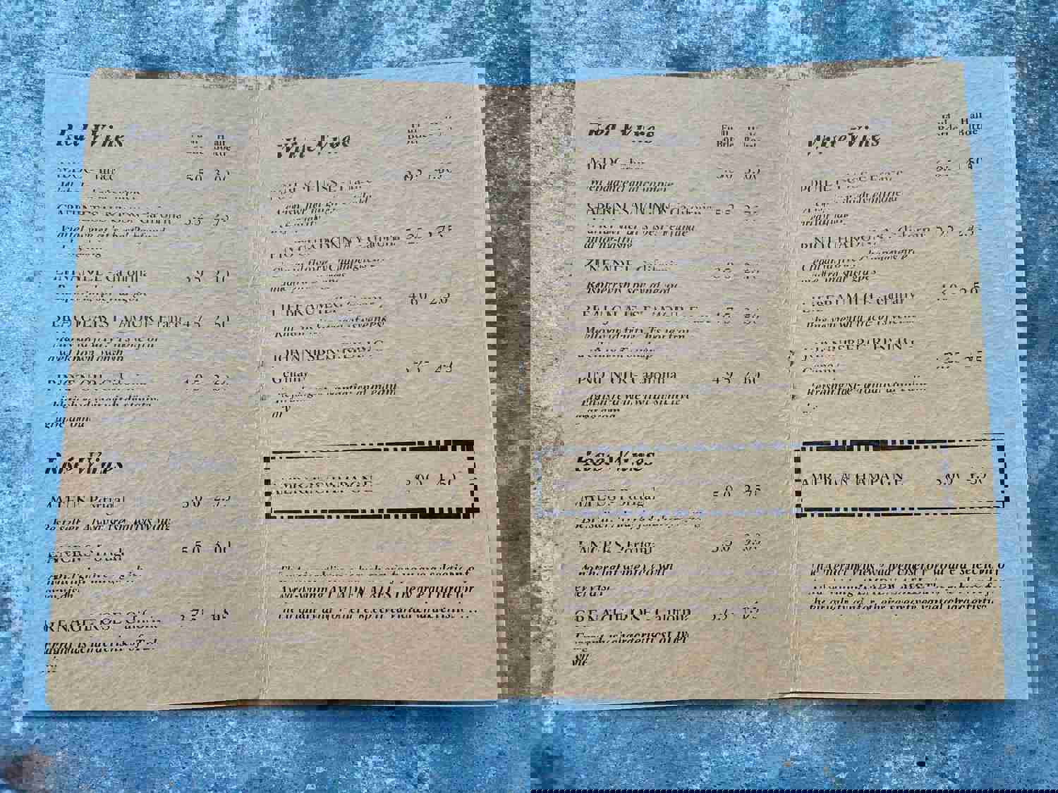 Vintage Restaurant Wine List Menu from THE CHICAGO CLAIM COMPANY