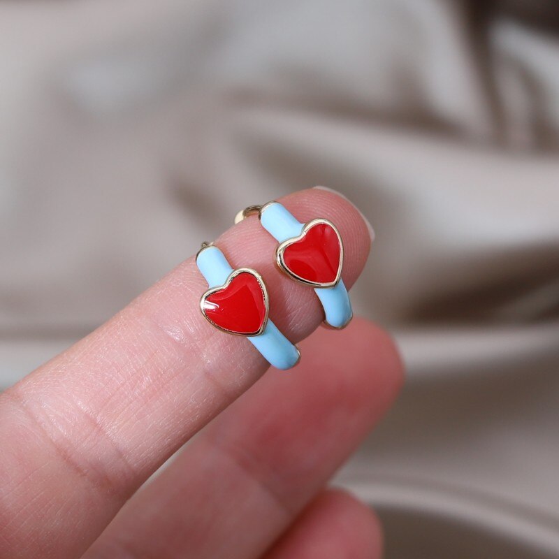 Korean Design Simple Enamel Red Love Small Hoop Earrings - Sweet Girl Gift for Women's Daily Accessories