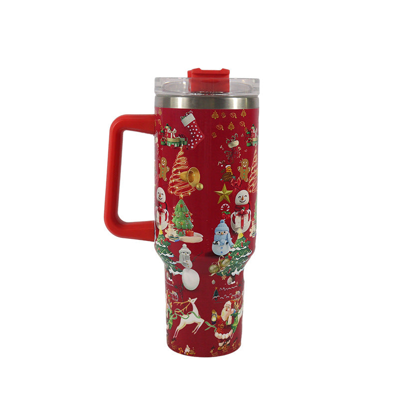 New Christmas Pattern Stainless Steel Vacuum Tumbler with Handle and Straw