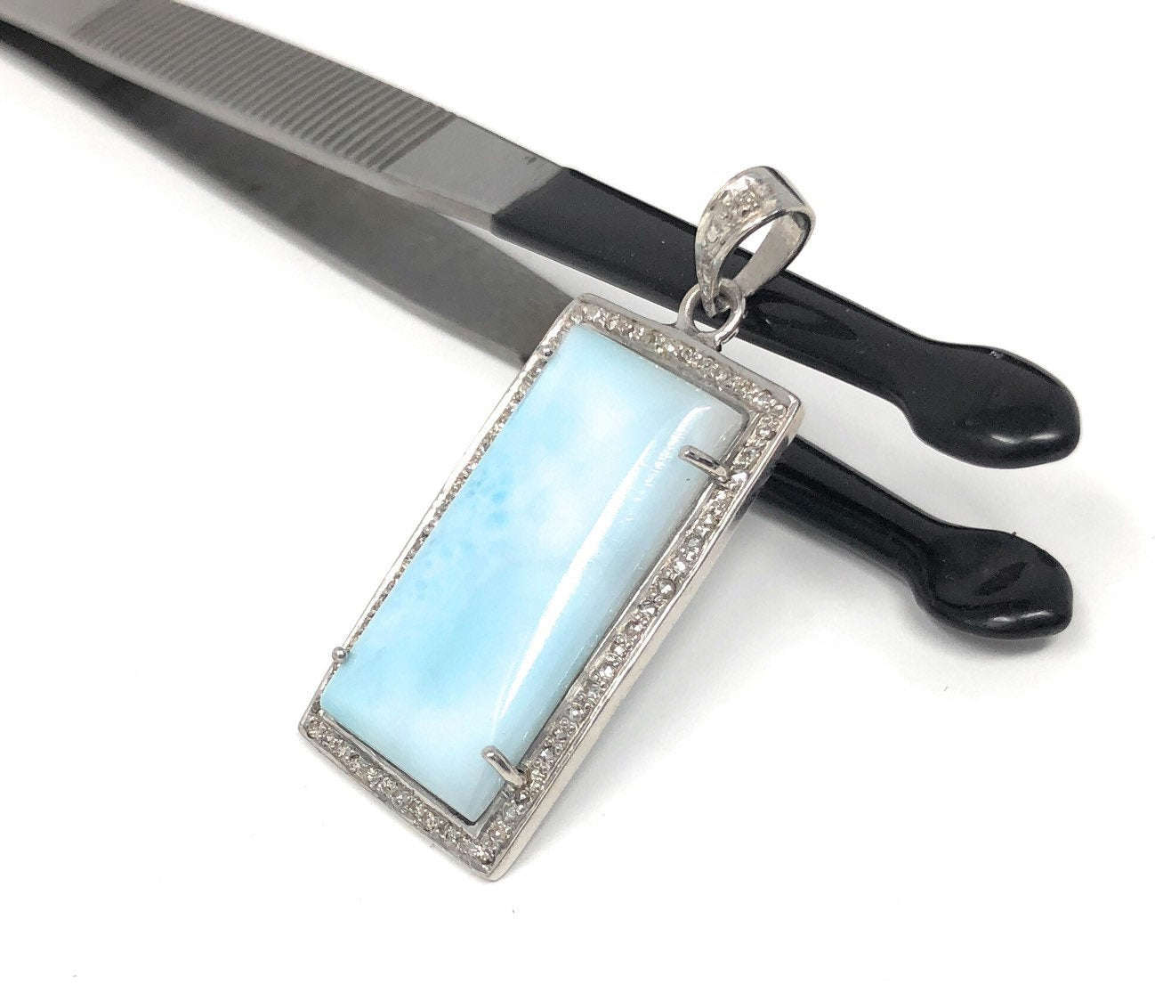 Natural Larimar Gemstone Pendant with Pave Diamonds in Sterling Silver