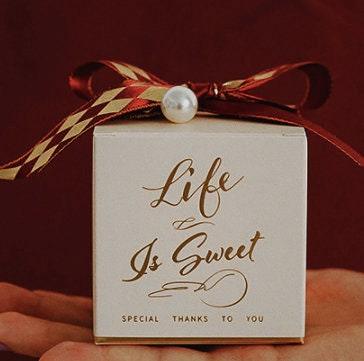 20pcs Checked Ribbon Bronzing Wedding Favor Boxes