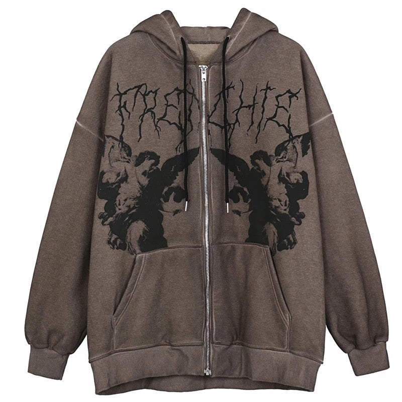 Women's Zip Up Hoodie - Goth Punk Pocket Print Long Sleeve Jacket
