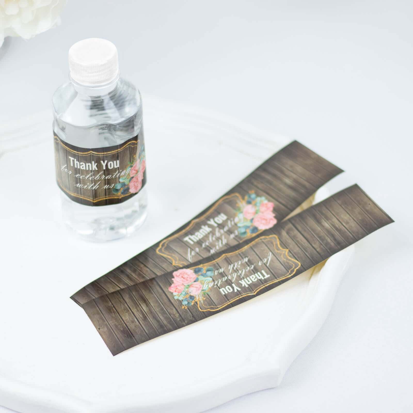 24 Pack Gold Floral Frame Rustic Wood Print Water Bottle Labels