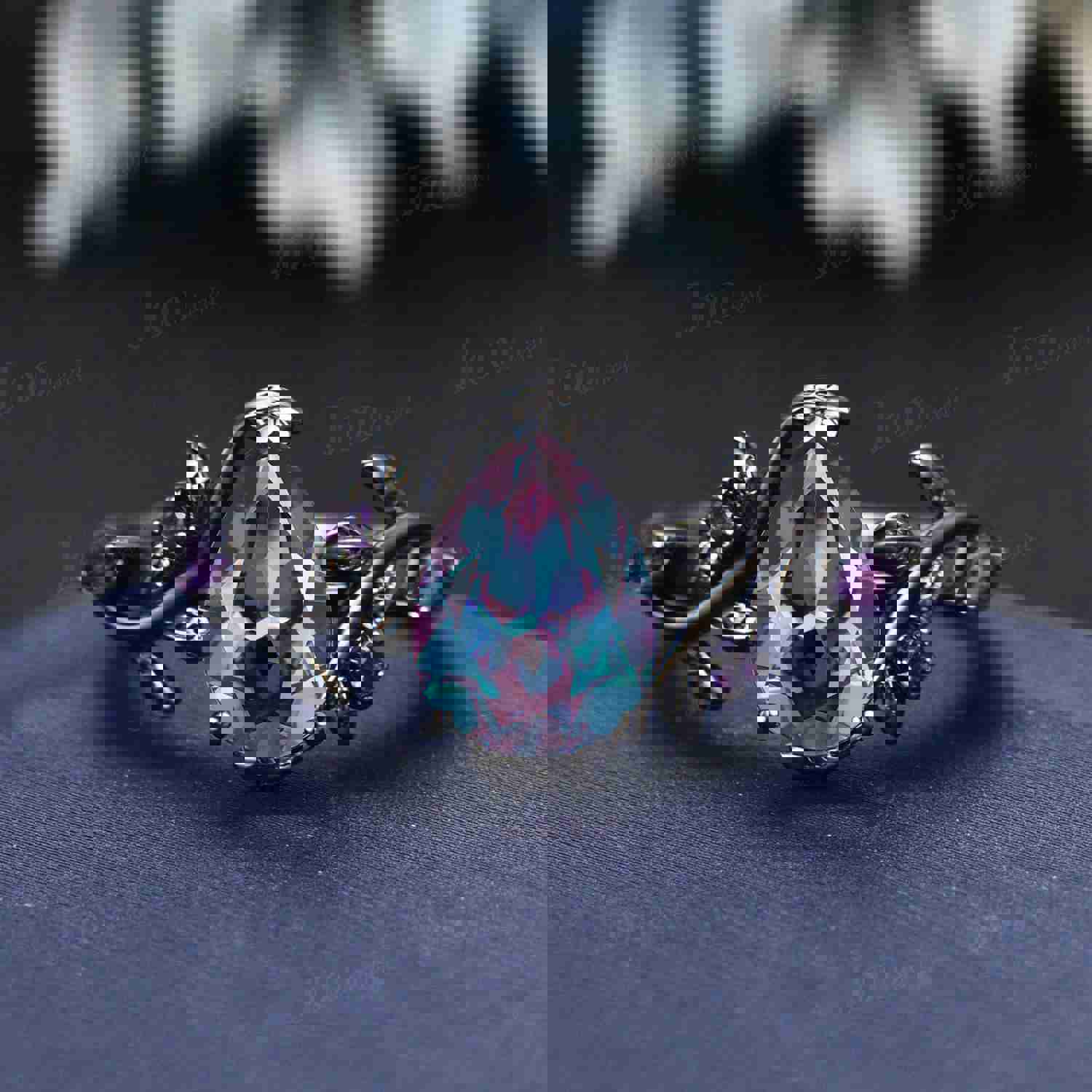 Gothic 14K Black Gold Color-Change Alexandrite Amethyst Bridal Set Nature Inspired Pear Wedding Ring Set for Women Unique Anniversary Gifts