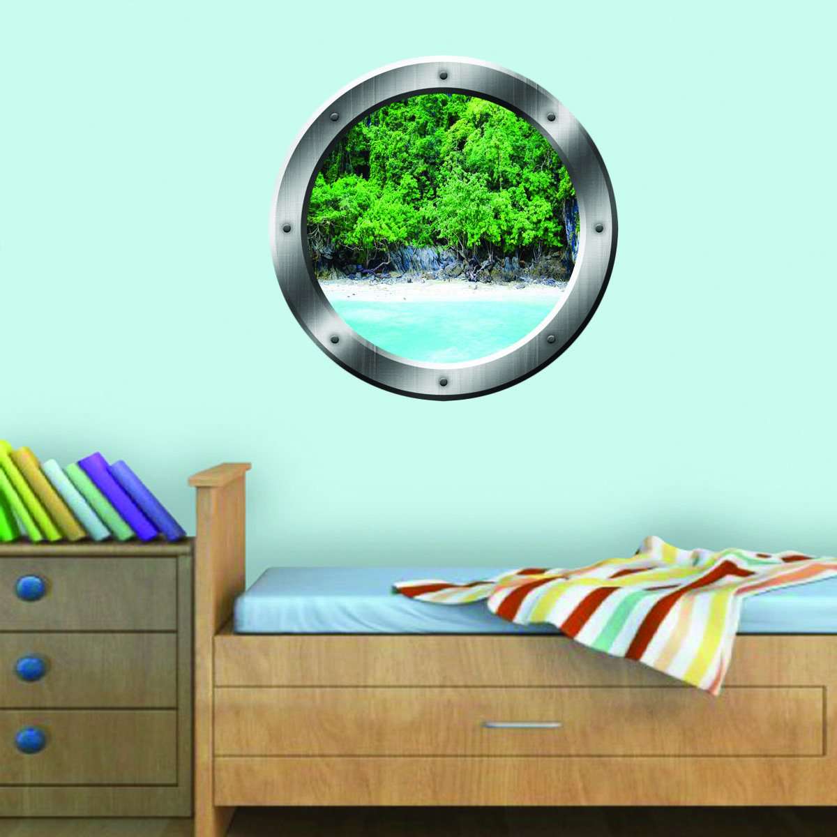 Ocean Shoreline Silver Porthole Window View Peel and Stick Vinyl Wall Decal