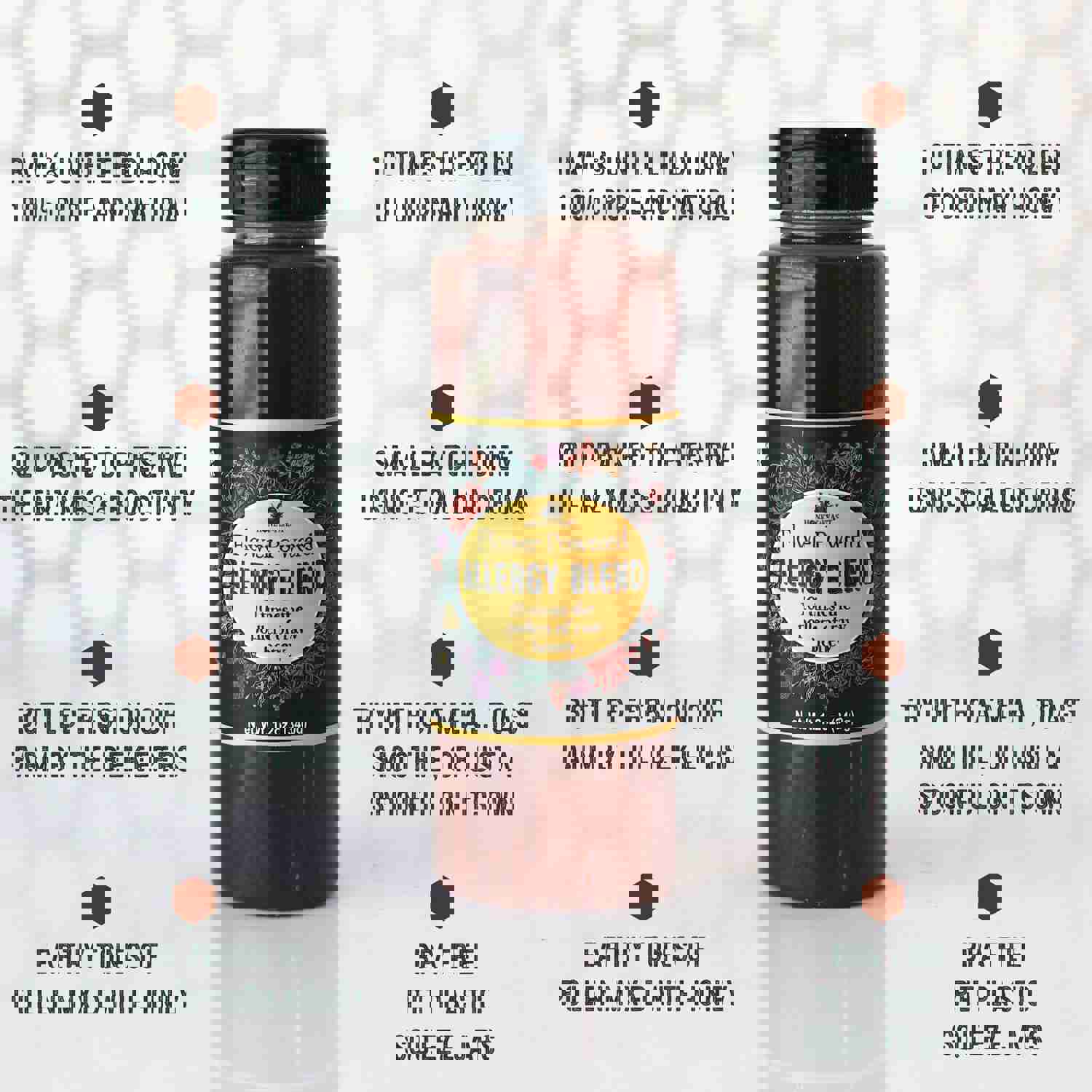 HONEY FEAST Bulk Case Allergy Blend Honey, 12oz Jars (6-Pack) - Raw & Unfiltered with Enhanced Pollen