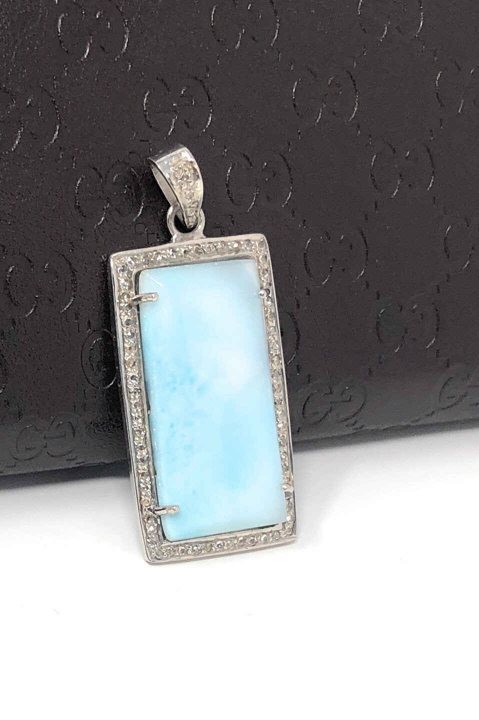 Natural Larimar Gemstone Pendant with Pave Diamonds in Sterling Silver